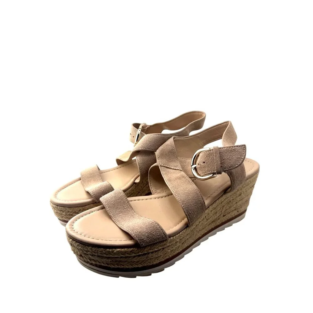 Marc Fisher Beige Suede Espadrille Wedge Sandals Ankle Strap Size 9.5 M Vacation